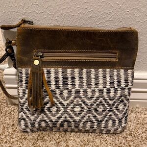 Myra Bag- Brown Leather and Gray Patterned Wristlet Bag